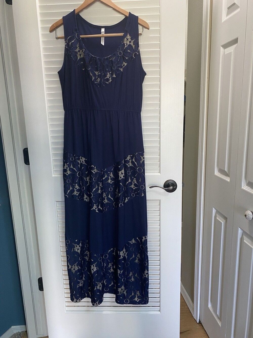 NY Collection Blue Lace Maxi Dress Size M Sleeveless Floral Wedding Guest Boho
